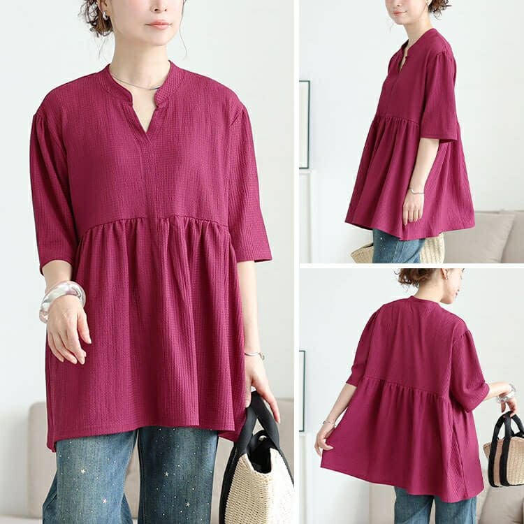 大きいサイズ レディース 楊柳スキッパーぺプラムチュニック　cast-5554051 【メール便可】