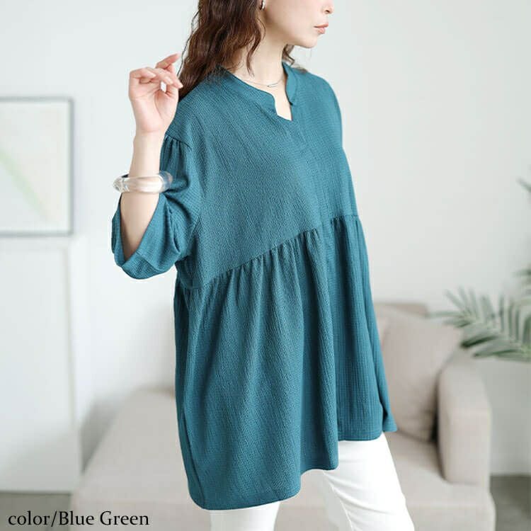 大きいサイズ レディース 楊柳スキッパーぺプラムチュニック　cast-5554051 【メール便可】