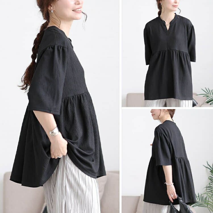 大きいサイズ レディース 楊柳スキッパーぺプラムチュニック　cast-5554051 【メール便可】