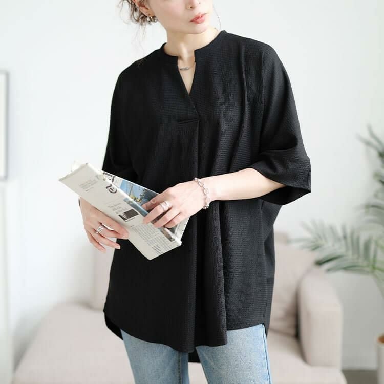 大きいサイズ レディース 楊柳胸タックドルマンチュニック　cast-5554050 【メール便可】 ブラック