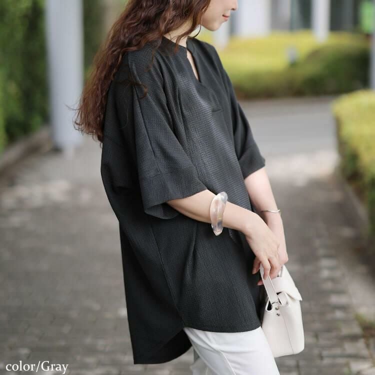 大きいサイズ レディース 楊柳胸タックドルマンチュニック　cast-5554050 【メール便可】 グレー