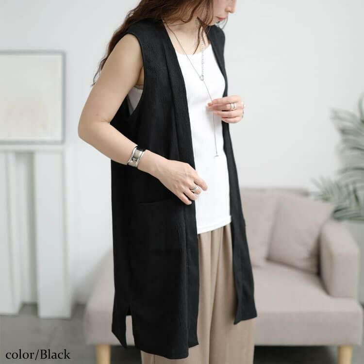 大きいサイズ レディース ポケット付き楊柳ジレ　cast-5554054 【メール便可】 ブラック
