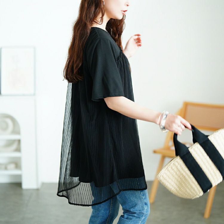 大きいサイズ レディース ストライプチュール切り替えチュニック　cast-5554046 【メール便可】