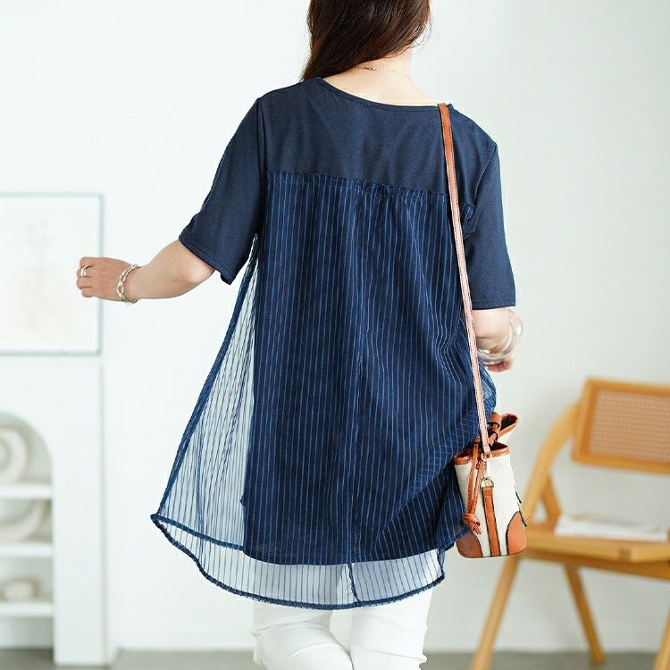 大きいサイズ レディース ストライプチュール切り替えチュニック　cast-5554046 【メール便可】