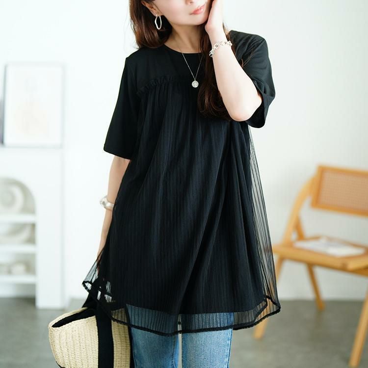 大きいサイズ レディース ストライプチュール切り替えチュニック　cast-5554046 【メール便可】 ブラック