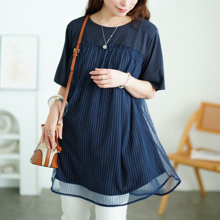 大きいサイズ レディース ストライプチュール切り替えチュニック　cast-5554046 【メール便可】 ネイビー