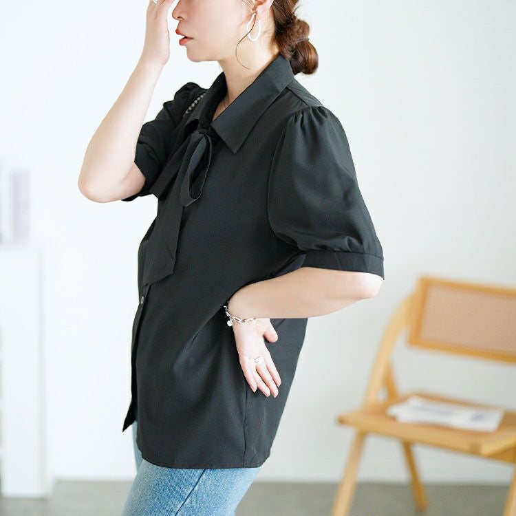 大きいサイズ レディース レギュラーカラーボウタイ半袖ブラウス　goldy-1717【メール便可】