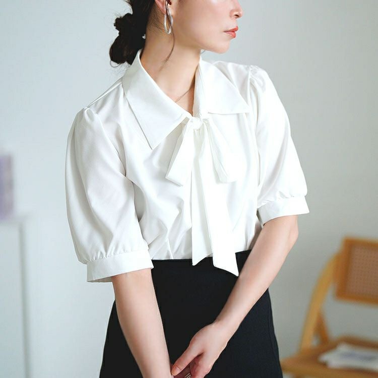 大きいサイズ レディース レギュラーカラーボウタイ半袖ブラウス　goldy-1717【メール便可】