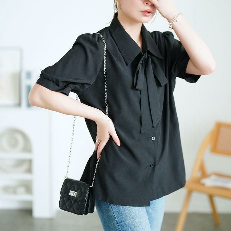 大きいサイズ レディース レギュラーカラーボウタイ半袖ブラウス　goldy-1717【メール便可】 ブラック
