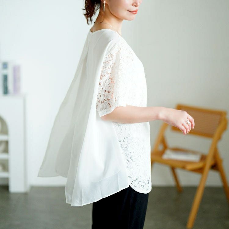 大きいサイズ レディース レース切替えバックスリットシフォンブラウス　goldy-1716【メール便可】