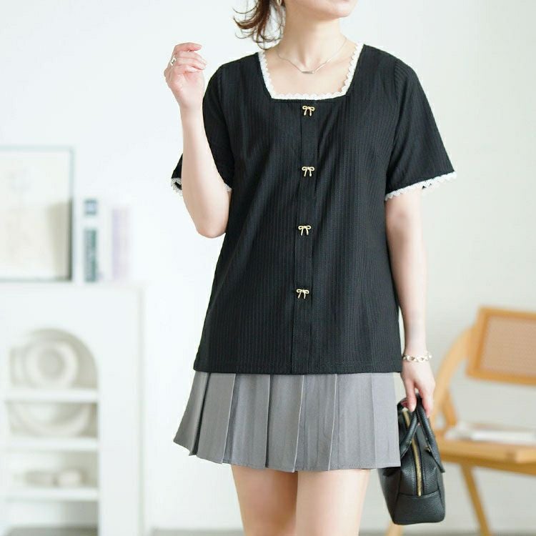 大きいサイズ レディース ビジューリボンレーススクエアネックリブトップス　goldy-1709【メール便可】