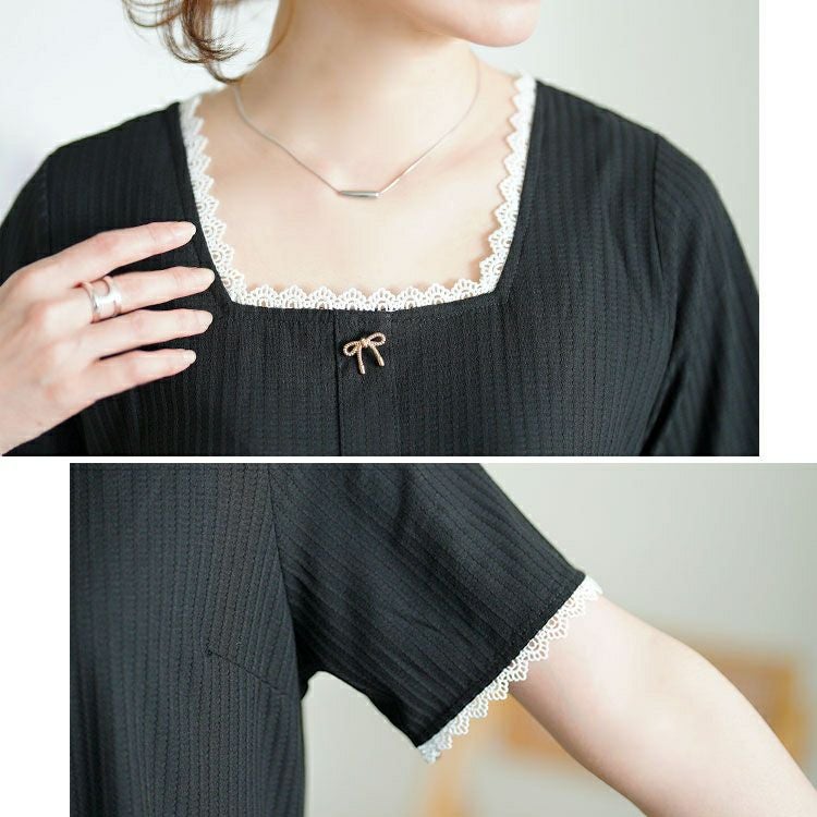 大きいサイズ レディース ビジューリボンレーススクエアネックリブトップス　goldy-1709【メール便可】