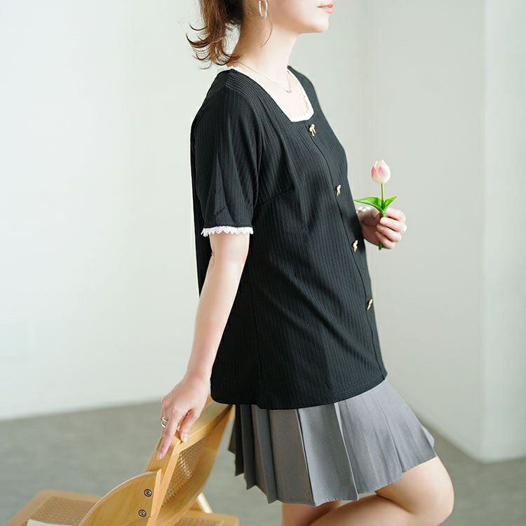 大きいサイズ レディース ビジューリボンレーススクエアネックリブトップス　goldy-1709【メール便可】