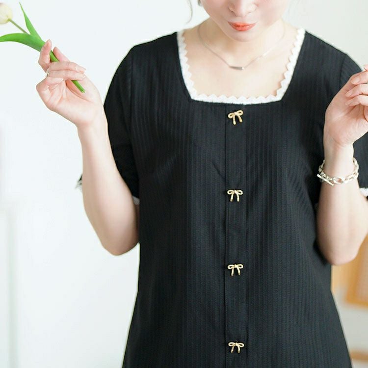 大きいサイズ レディース ビジューリボンレーススクエアネックリブトップス　goldy-1709【メール便可】