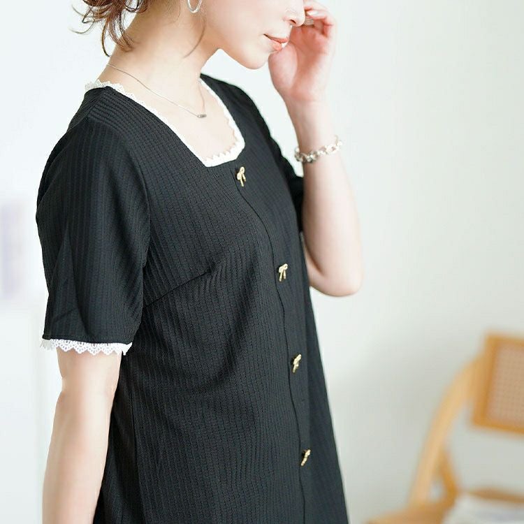 大きいサイズ レディース ビジューリボンレーススクエアネックリブトップス　goldy-1709【メール便可】