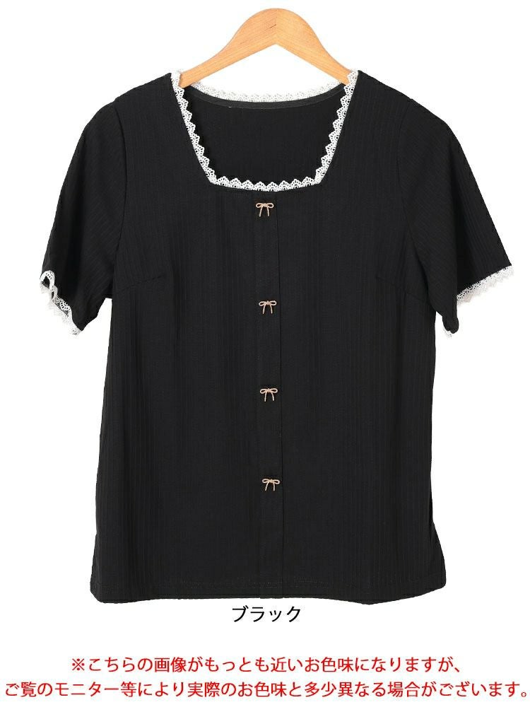 大きいサイズ レディース ビジューリボンレーススクエアネックリブトップス　goldy-1709【メール便可】