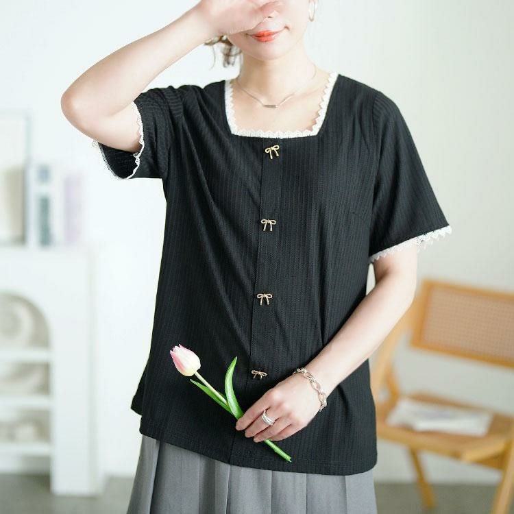 大きいサイズ レディース ビジューリボンレーススクエアネックリブトップス　goldy-1709【メール便可】 ブラック