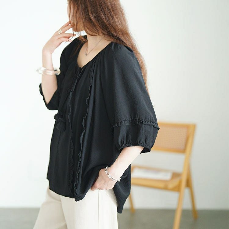 大きいサイズ レディース リボンスキッパーフリルブラウス　goldy-1708【メール便可】