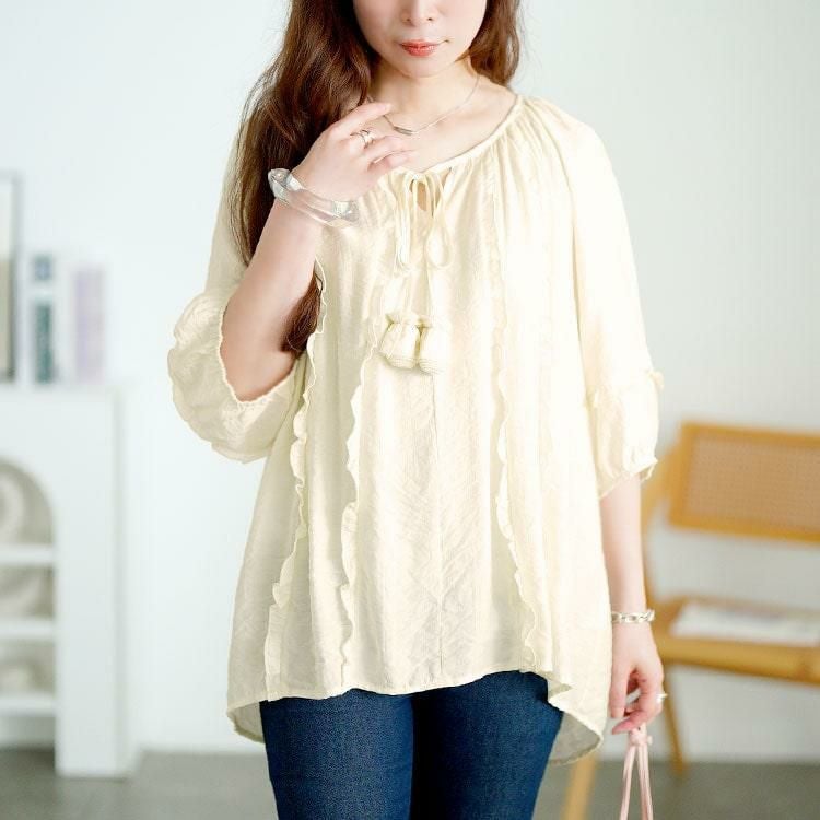 大きいサイズ レディース リボンスキッパーフリルブラウス　goldy-1708【メール便可】 オフホワイト
