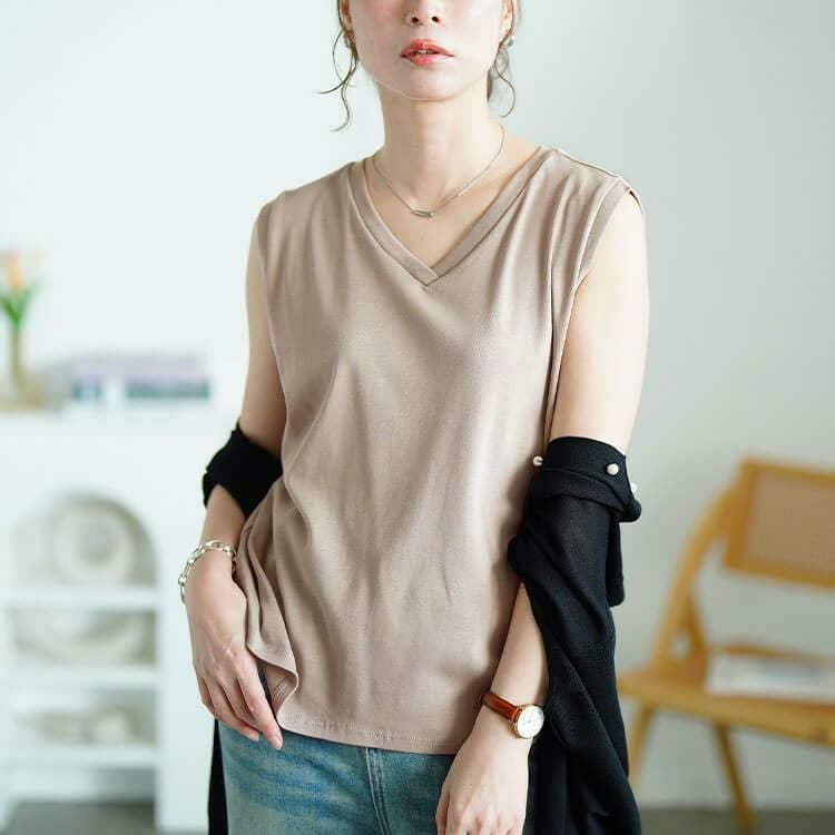 大きいサイズ レディース Vネックノースリーブプルオーバー　wk-0540 【メール便可】 グレーベージュ