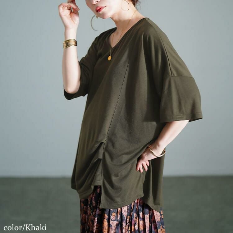 大きいサイズ レディース アシメタックプルオーバー　fem-596 【メール便可】 カーキ