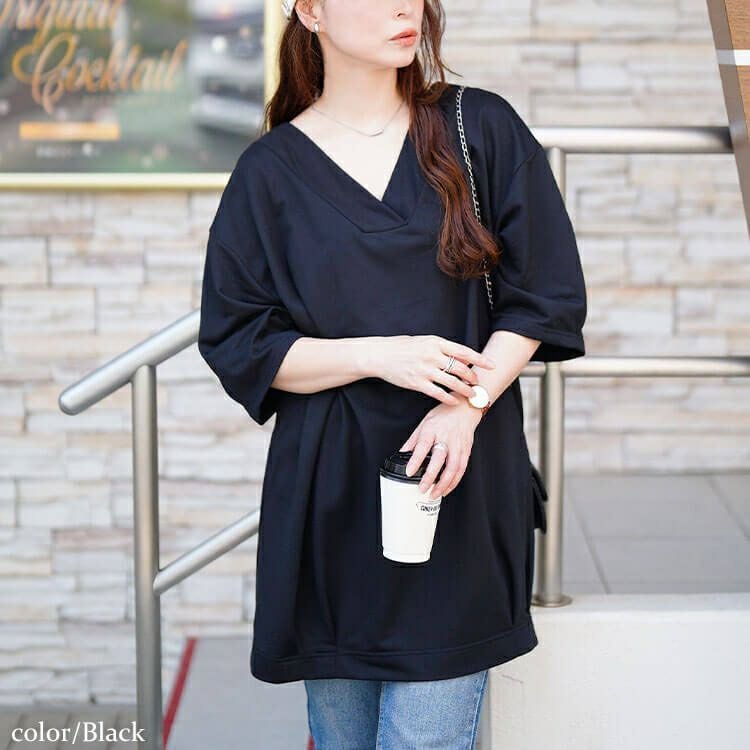 大きいサイズ レディース 深Vネック裾タックコクーンチュニック　fem-594