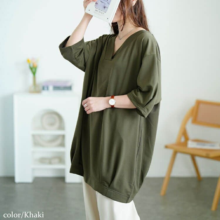 大きいサイズ レディース 深Vネック裾タックコクーンチュニック　fem-594