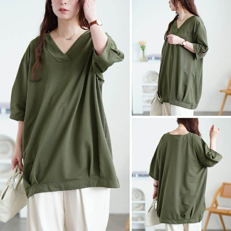 大きいサイズ レディース 深Vネック裾タックコクーンチュニック　fem-594