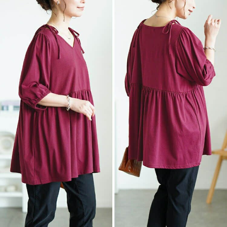 大きいサイズ レディース 肩リボンペプラムVネックチュニック　fem-593