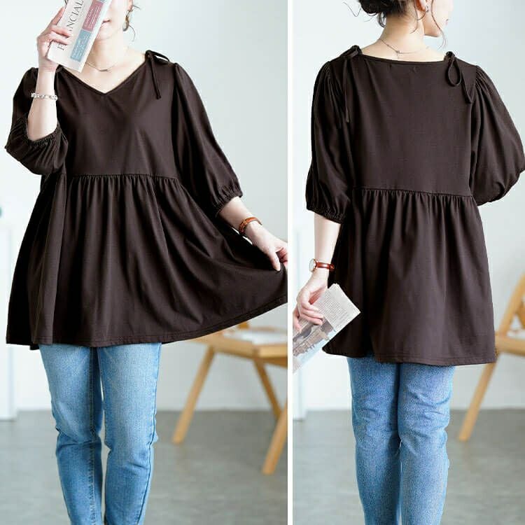 大きいサイズ レディース 肩リボンペプラムVネックチュニック　fem-593