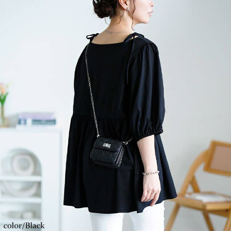 大きいサイズ レディース 肩リボンペプラムVネックチュニック　fem-593