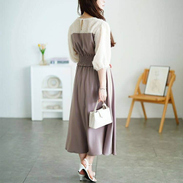 大きいサイズ レディース シャギー切り替えシャーリングワンピース　fem-592