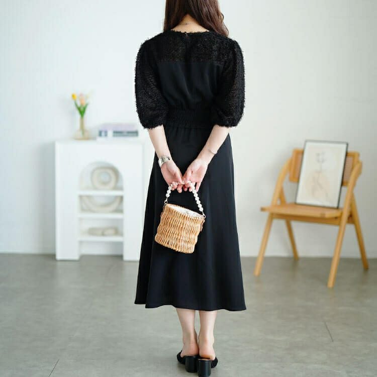 大きいサイズ レディース シャギー切り替えシャーリングワンピース　fem-592