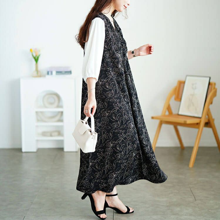 大きいサイズ レディース 花柄胸元ギャザー重ね着風ワンピース fem-591
