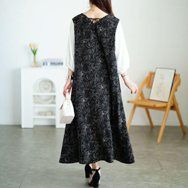 大きいサイズ レディース 花柄胸元ギャザー重ね着風ワンピース　fem-591 【メール便可】