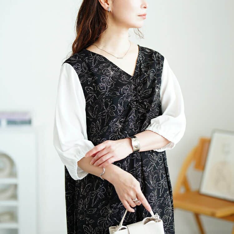 大きいサイズ レディース 花柄胸元ギャザー重ね着風ワンピース　fem-591 【メール便可】