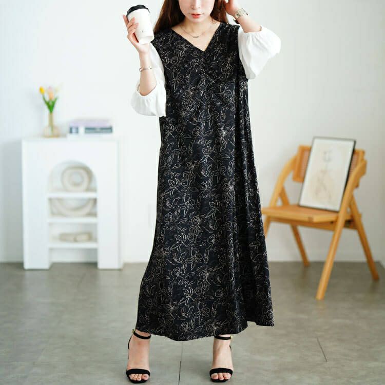 大きいサイズ レディース 花柄胸元ギャザー重ね着風ワンピース　fem-591 【メール便可】