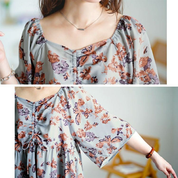 大きいサイズ レディース 花柄胸元ドロストペプラムチュニック　fem-589 【メール便可】