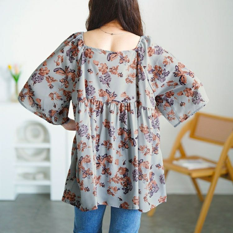 大きいサイズ レディース 花柄胸元ドロストペプラムチュニック　fem-589 【メール便可】