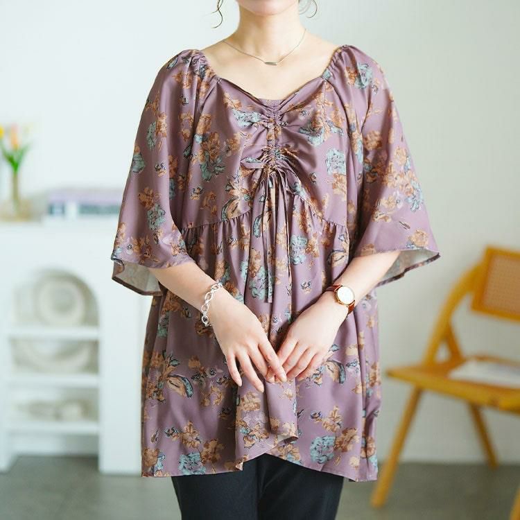 大きいサイズ レディース 花柄胸元ドロストペプラムチュニック　fem-589 【メール便可】 パープル