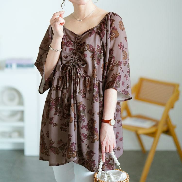 大きいサイズ レディース 花柄胸元ドロストペプラムチュニック　fem-589 【メール便可】 モカ