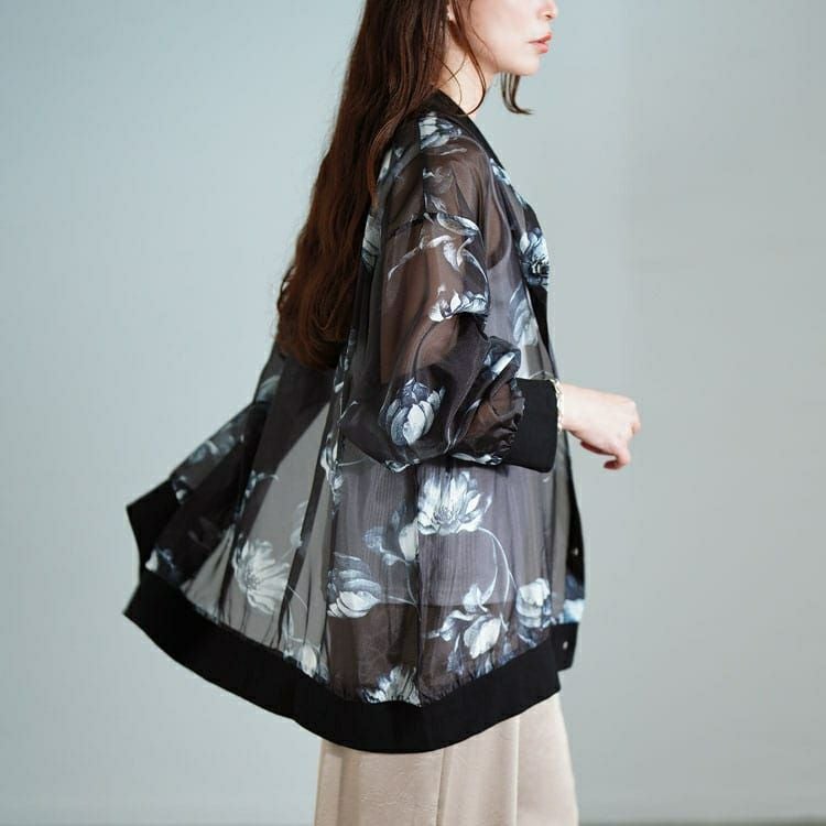 レオナール FASHION シアー 花柄 プリント シャツ 総柄 L 黒 ラグスタイル LUXSTYLE フラワーレース編み長袖シアーシャツ/シアー