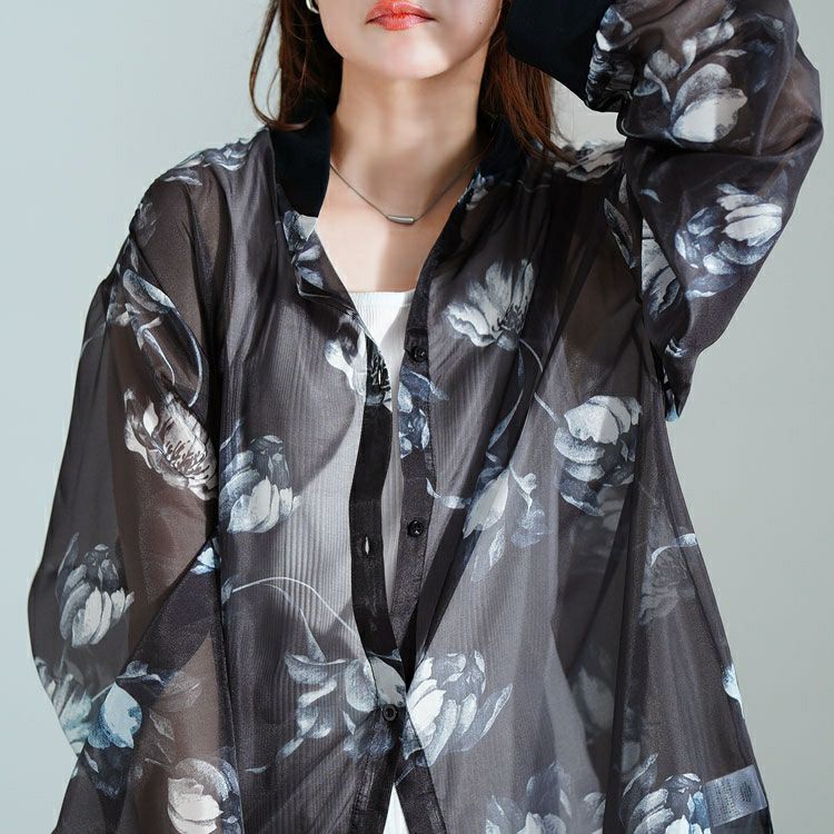 レオナール FASHION シアー 花柄 プリント シャツ 総柄 L 黒 ラグスタイル LUXSTYLE フラワーレース編み長袖シアーシャツ/シアー