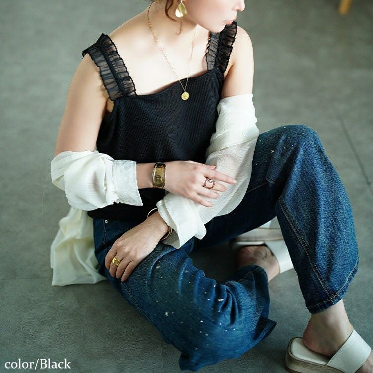 大きいサイズ レディース シアーフリルストラップリブキャミソール　maru-30162 【メール便可】