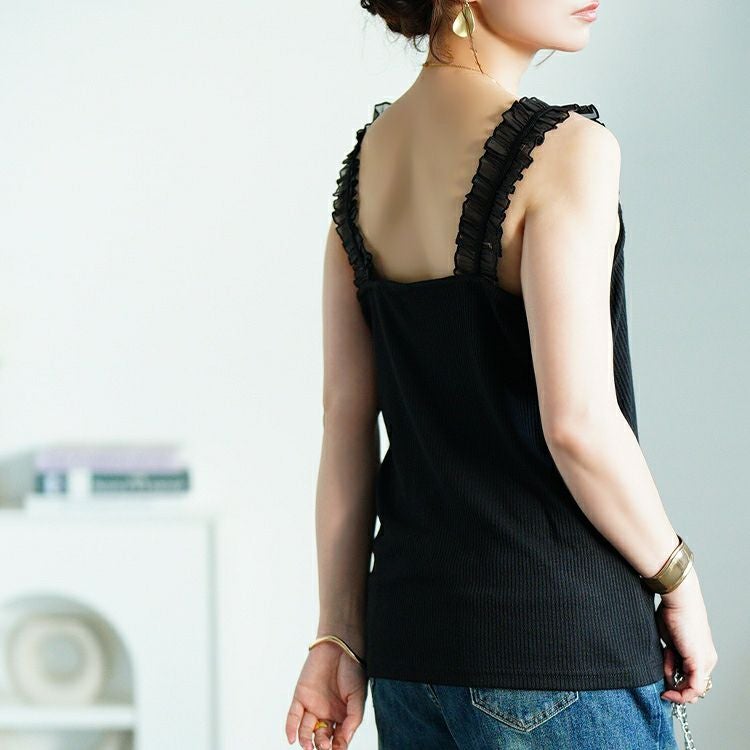 大きいサイズ レディース シアーフリルストラップリブキャミソール　maru-30162 【メール便可】