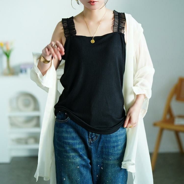 大きいサイズ レディース シアーフリルストラップリブキャミソール　maru-30162 【メール便可】 ブラック