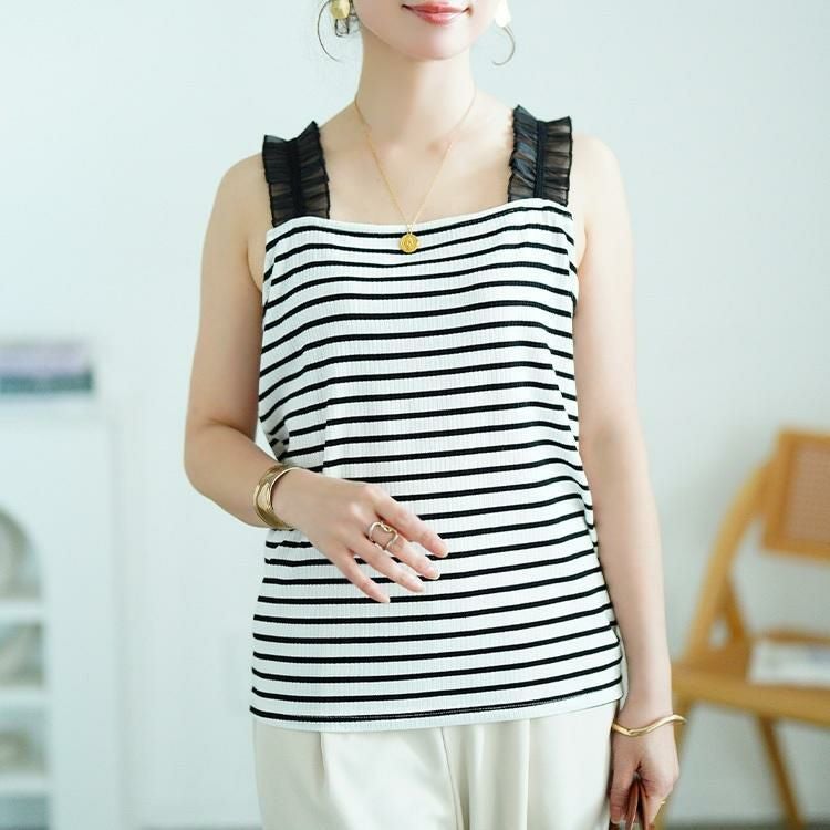 大きいサイズ レディース シアーフリルストラップリブキャミソール　maru-30162 【メール便可】 ボーダー