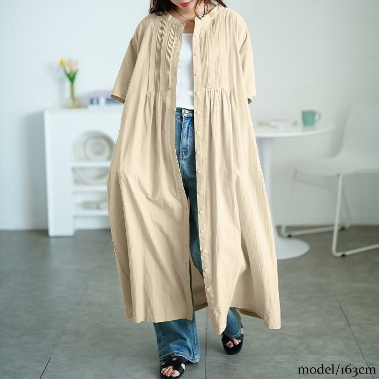 大きいサイズ レディース ピンタックコットンシャツワンピース　maru-30159 アイボリー