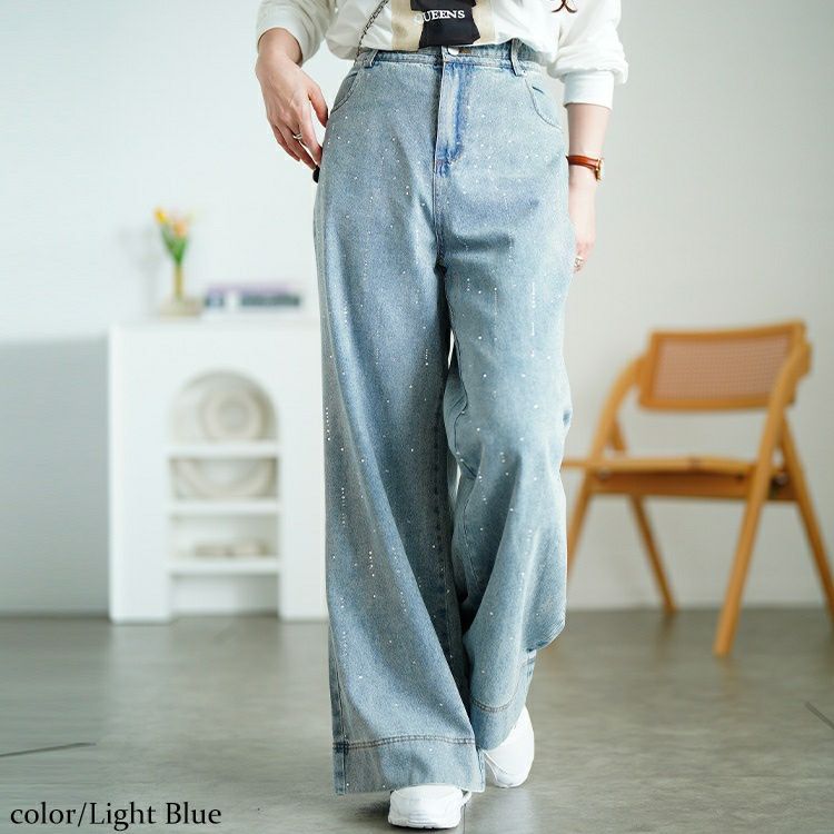 大きいサイズ レディース ラインストーンワイドデニムパンツ　jp552