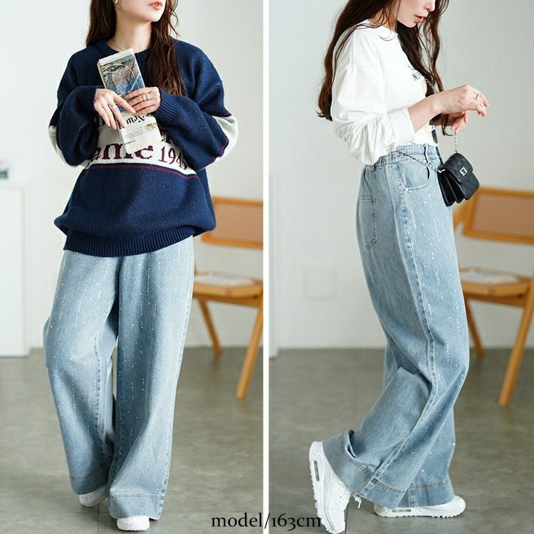 大きいサイズ レディース ラインストーンワイドデニムパンツ　jp552